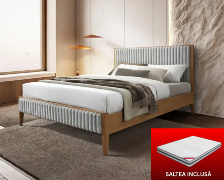 Paturi - Set pat tapitat din lemn Siera cu saltea ortopedica de 140x200 inclusa, somiera fixa, culoare Gri