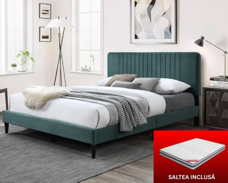 Paturi - Set pat tapitat Emerald cu saltea ortopedica, cadru din lemn cu somiera fixa, catifea verde