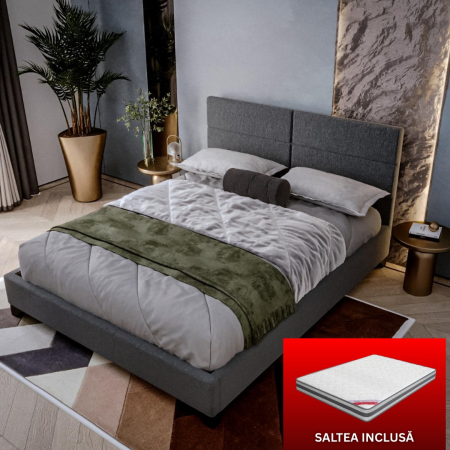 MOBILIER DORMITOR - Set pat Tapitat Houston cu saltea ortopedica , cadru din lemn, Culoare Gri