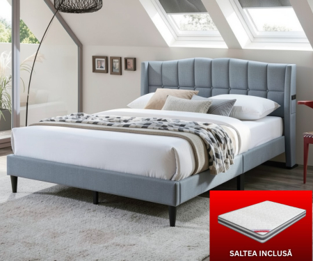 Paturi - Set pat tapitat Maya + saltea ortopedica inclusa, cadru din lemn cu somiera inclusa
