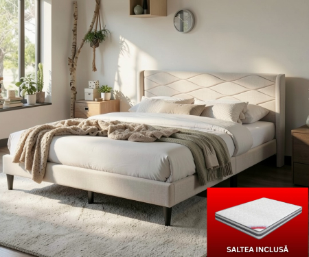 MOBILIER DORMITOR - Set pat tapitat Maya + saltea ortopedica inclusa, cadru din lemn cu somiera inclusa