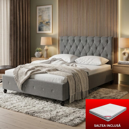 Paturi - Set pat tapitat Miami cu saltea ortopedica , cadru din lemn, Culoare Gri