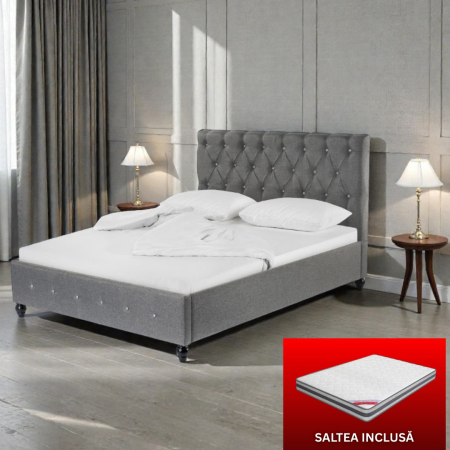 MOBILIER DORMITOR - Set pat tapitat Miami cu saltea ortopedica , cadru din lemn, Culoare Gri