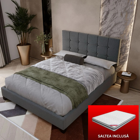 MOBILIER DORMITOR - Set pat tapitat Modern cu saltea ortopedica inclusa, cadru din lemn, culoare Gri