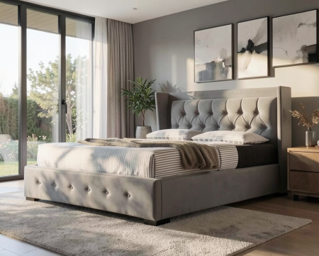 Paturi - Set pat tapitat Roma cu saltea ortopedica 160x200cm, cadru din lemn, somiera inclusa, culoare Gri