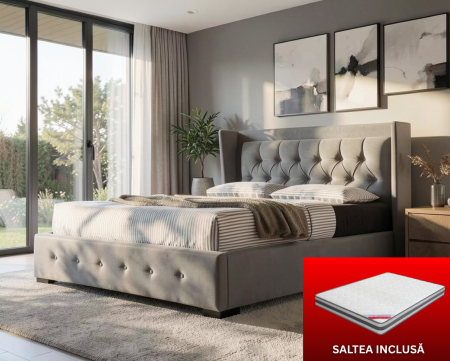 Paturi - Set pat tapitat Roma cu saltea ortopedica 160x200cm, cadru din lemn, somiera inclusa, culoare Gri