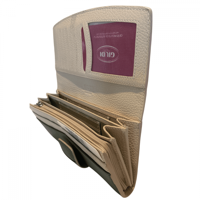 Portofel plic dama multicompartimentat, inchidere cu clapeta si capsa, piele naturala, exterior olive/interior bej [3]