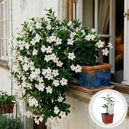 Flori Gradina si Balcon - Dipladenia Mandevilla Alba 20cm Ghiveci Productie Proprie Pepiniera Sibiu