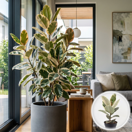 Ficus - Ficus elastica Tineke planta interior frunze variegate crem verde ghiveci Pepiniera Sibiu