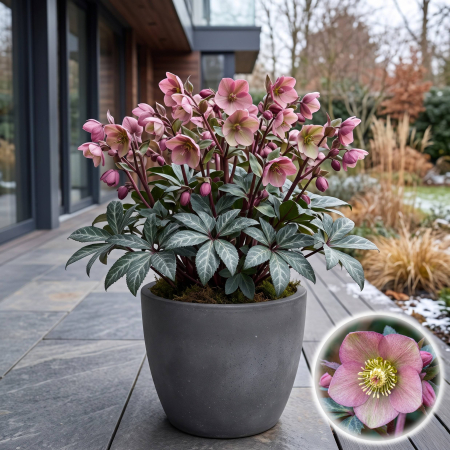 Flori Gradina si Balcon - Helleborus lividus Pink spanz roz frunze marmorate ghiveci Pepiniera Sibiu