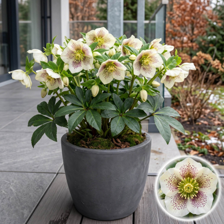Flori Gradina si Balcon - Helleborus orientalis Spotted White spanz alb patat flori de iarna ghiveci Pepiniera Sibiu
