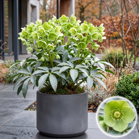 Flori Gradina si Balcon - Helleborus argutifolius Silver spanz corsican frunze argintii ghiveci P9-P11 Pepiniera Sibiu
