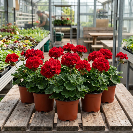 Flori Gradina si Balcon - Pachet 5 muscate drepte rosii Pelargonium zonale ghiveci Pepiniera Sibiu.