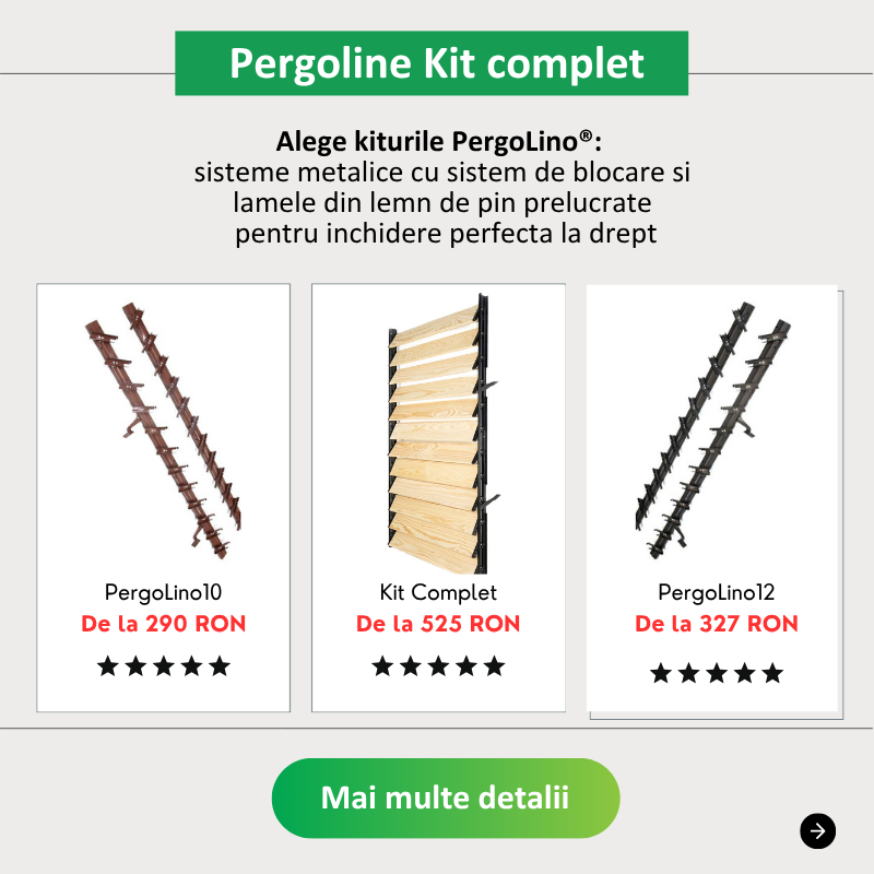 Pergoline complete cu glisiere metalice PergoLino® si lamele din lemn de pin cu inchidere perfecta