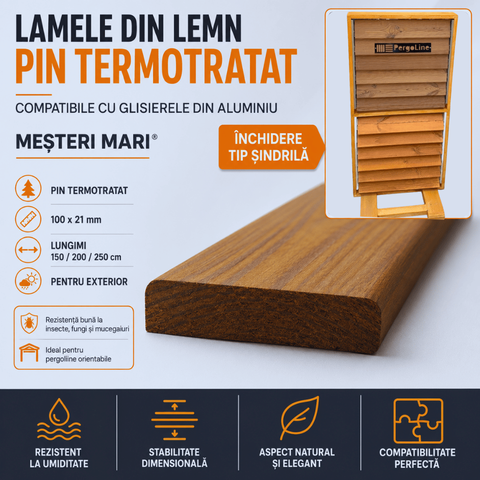 LAMELE DIN LEMN DE PIN TERMOTRATAT PENTRU GLISIERELE DIN ALUMINIU MESTERI MARI®