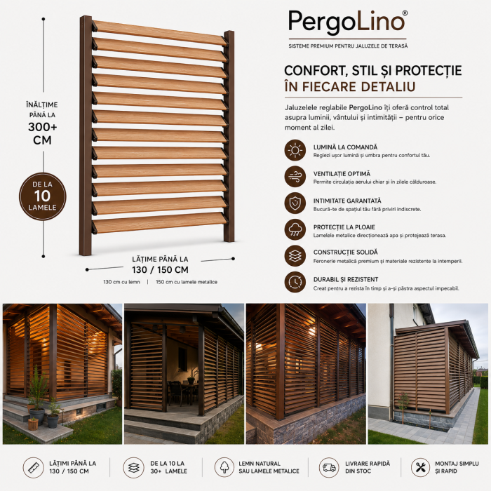 90 cm înălțime: kit complet Jaluzea reglabilă cu glisiere metalice PergoLino10 + 10 lamele 110-130 cm din lemn de pin natur [22]