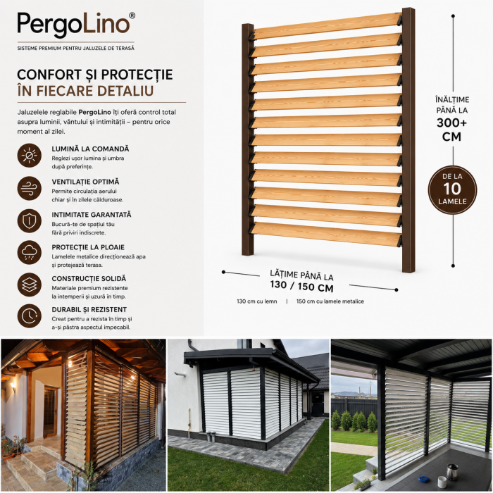 90 cm înălțime: kit complet Jaluzea reglabilă cu glisiere metalice PergoLino10 + 10 lamele 110-130 cm din lemn de pin natur [21]