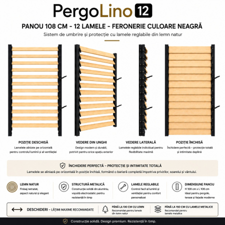 109 cm înălțime: kit complet Jaluzea reglabilă cu glisiere metalice PergoLino12 + 12 lamele 100-130 cm din lemn de pin natur [21]