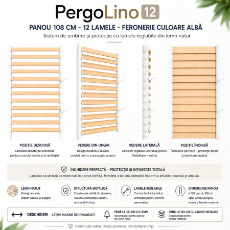 109 cm înălțime: kit complet Jaluzea reglabilă cu glisiere metalice PergoLino12 + 12 lamele 100-130 cm din lemn de pin natur [20]