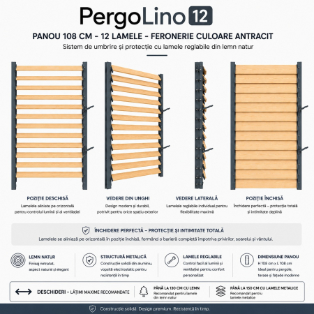 109 cm înălțime: kit complet Jaluzea reglabilă cu glisiere metalice PergoLino12 + 12 lamele 100-130 cm din lemn de pin natur [22]