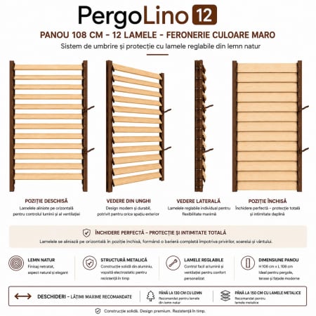 Kit PergoLino orizontal - 109 cm înălțime: kit complet Jaluzea reglabilă cu glisiere metalice PergoLino12 + 12 lamele 100-130 cm din lemn de pin natur