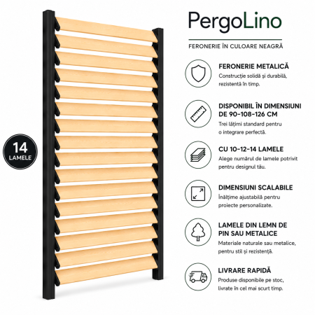 Kit PergoLino orizontal - 126 cm înălțime: kit complet Jaluzea reglabilă cu glisiere metalice PergoLino14 + 14 lamele 100-130 cm din lemn de pin natur