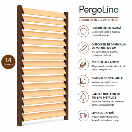 Kit PergoLino orizontal - 126 cm înălțime: kit complet Jaluzea reglabilă cu glisiere metalice PergoLino14 + 14 lamele 100-130 cm din lemn de pin natur