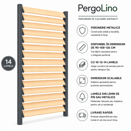 126 cm înălțime: kit complet Jaluzea reglabilă cu glisiere metalice PergoLino14 + 14 lamele 100-130 cm din lemn de pin natur [27]