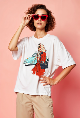 Tricouri pentru femei - Tricou oversized din bumbac organic  Vintage girl