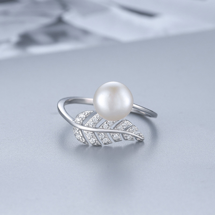 Inel din argint rodiat cu perla si frunza [1]