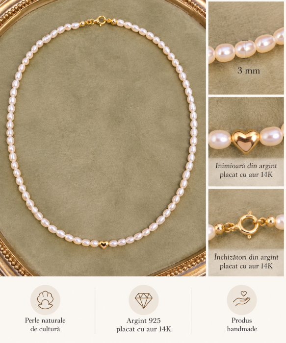 Colier cu perle naturale 3 mm și inimioară din argint placat cu aur 14K – Amore [2]