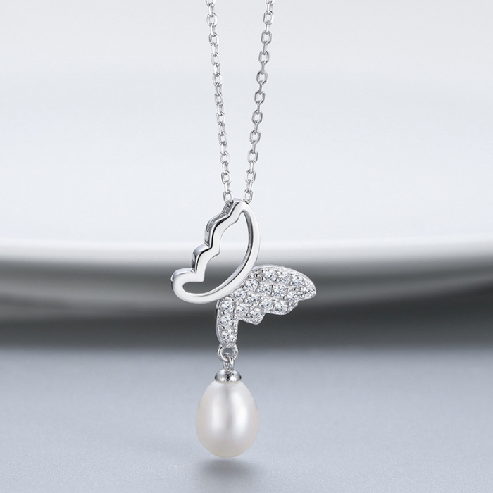 Colier Fluture din argint 925 rodiat cu zirconii și perlă – eleganță jucăușă și versatilă [5]