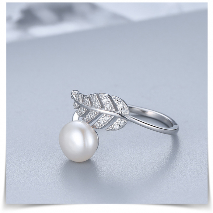 Inel din argint rodiat cu perla si frunza [2]