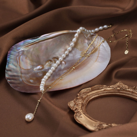 Colier Lilibeth din argint placat cu aur si perle de cultura - asimetric si modern [3]