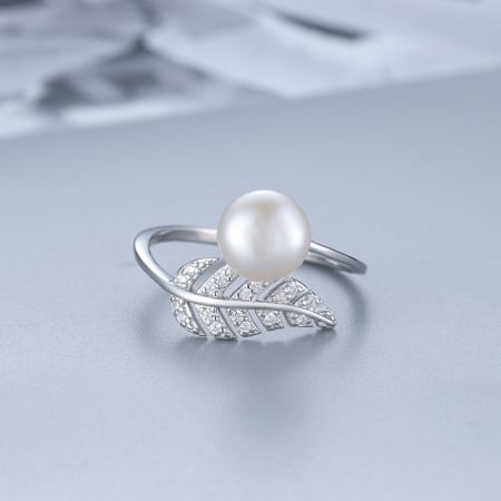 Inele - Inel din argint rodiat cu perla si frunza