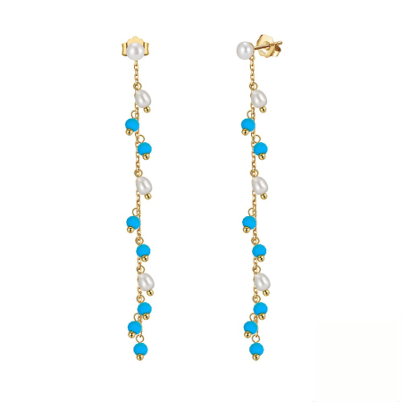 Cercei - Cercei Lungi Argint 925 Aurit 14K cu Perle și Turcoaz 69mm