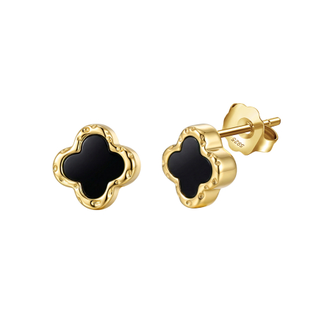 Cercei - Cercei Trifoi Argint 925 Aurit cu Onix Negru 8mm Black Clover