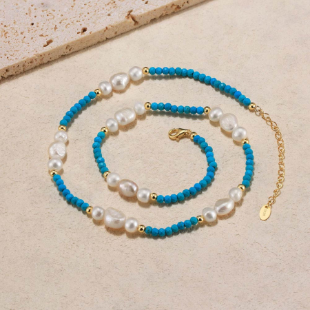 Colier cu perle baroc naturale de cultură, turcoaze și argint placat cu aur [3]