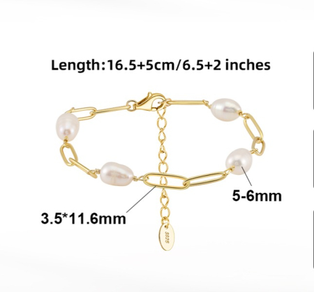 Brățară argint 925 rodiat cu perle naturale 16.5 cm +5 extensie [5]