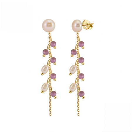 Cercei eleganți din argint placat cu aur 14K, perle de cultură și mica purpurie – rafinanați și romantici