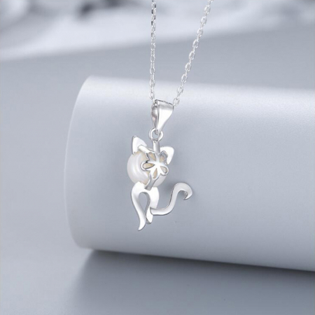 Colier din argint rodiat cu pandantiv în formă de pisică și perlă de cultură – perfect pentru iubitoarele de pisici [3]