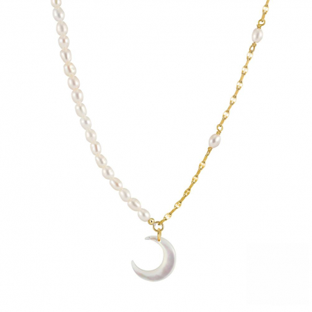 Coliere - Colier din argint placat cu aur, perle de cultură și pandantiv semilună din sidef