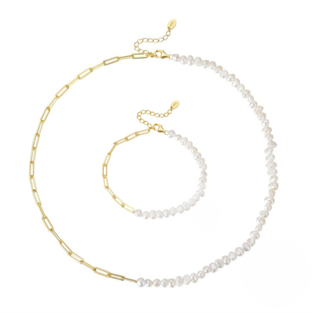 Seturi - Set colier si bratara din argint 925 placat cu aur 14 karate si perle de cultură Teen