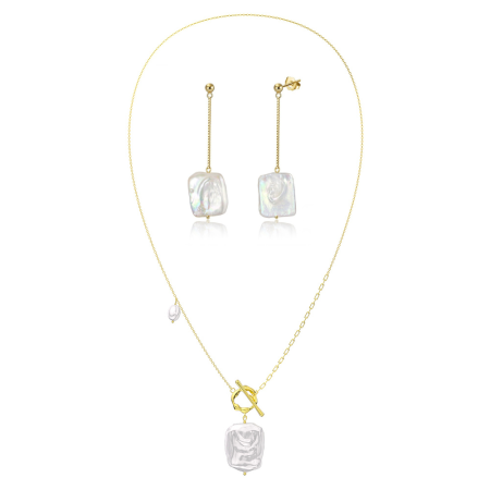 Seturi - Set colier toggle clasp si cercei lungi din argint placat cu aur si perla baroc Agatha