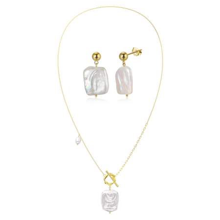Seturi - Set colier toggle clasp si cercei scurti din argint placat cu aur si perla baroc Agatha