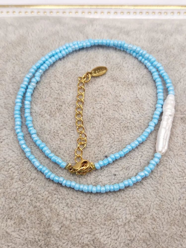 Colier Choker din Mărgele Blue Sky cu Perlă si inchidere inoxidabila aurie. [3]