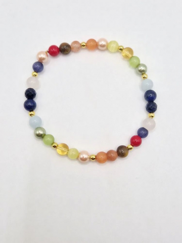 Brățară realizată din pietre semiprețioase precum: lapis lazuli, goldstone, ochi de pisică, acvamarin, ochi de tigru, piatra soarelui, citrin, cuarț, etc. [2]