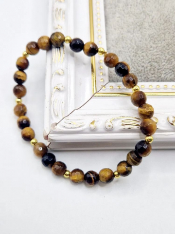 Brățări - Brățară realizată pe fir elastic siliconat din Ochi de tigru de 6mm, fațetat și hematite aurii.