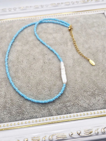 Colier Choker din Mărgele Blue Sky cu Perlă si inchidere inoxidabila aurie. [3]