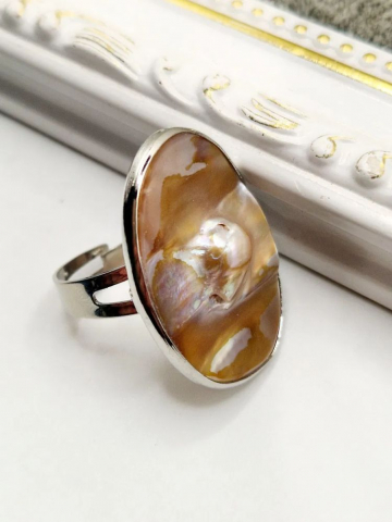 Inele - Inel reglabil oval, scoică cu perlă -1 buc